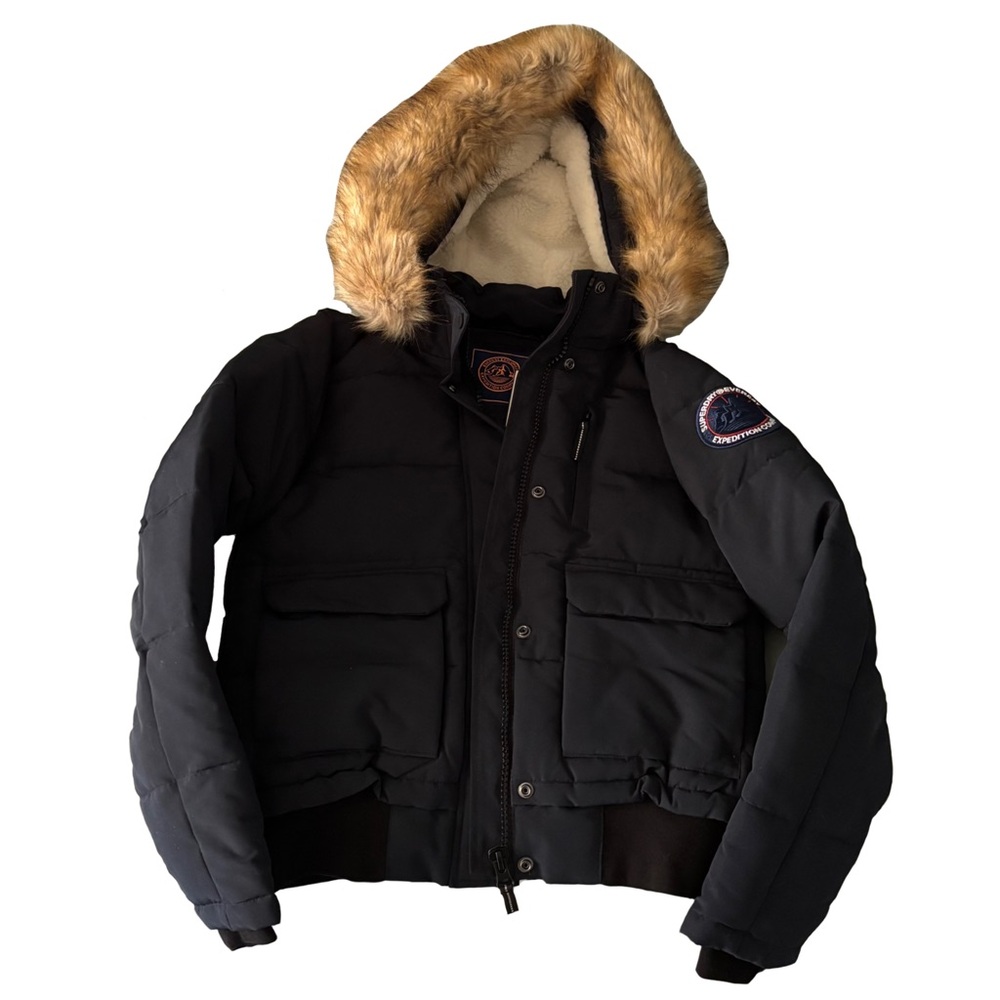 Dark Blue Puffer Jacket with Faux Fur Hood